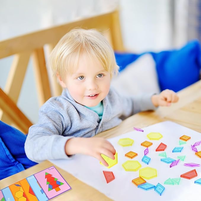 188 Pcs Translucent Plastic Pattern Blocks Set, Light Table Manipulative for Shape Recognition, Fun Geometric Shapes Tangram Puzzle with Storage Box