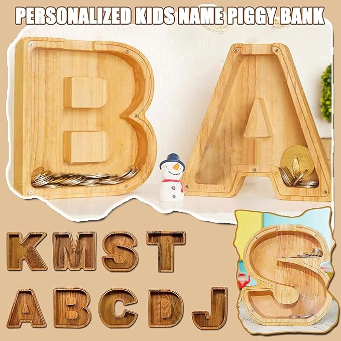 Twenty-six English Alphabet A-Z Letter Piggy Bank,Large-Capacity Transparent Wooden Alphabet Piggy Bank，Personalized Coin Savings Box, Name DIY Creative Purchase Combination.