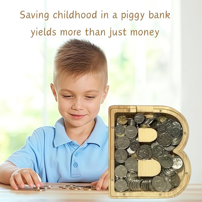 Wooden Alphabet Piggy Bank Clear Acrylic Panel Coin Savings Box Personalized Money Bank for Kids Boys Girls Adults, Birthday Home Décor(Z)
