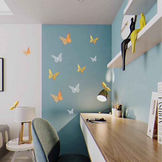 SAOROPEB 3D Butterfly Wall Decor, 72 Pcs 3 Styles 3 Sizes, Removable Metallic Wall Decor Sticker Room Mural Decals for Kids Bedroom Nursery Classroom Party Decoration Wedding Decor DIY Gift (3 Color)