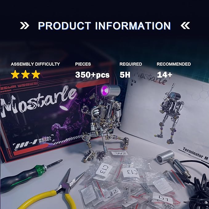 Mostarle Terminator M 3D Metal Puzzle, Arcynix DIY Mechanical Robot Model Kit, Sci-Fi Design LED Light Feature Unique Gift for Adults & Teenager (Blue)