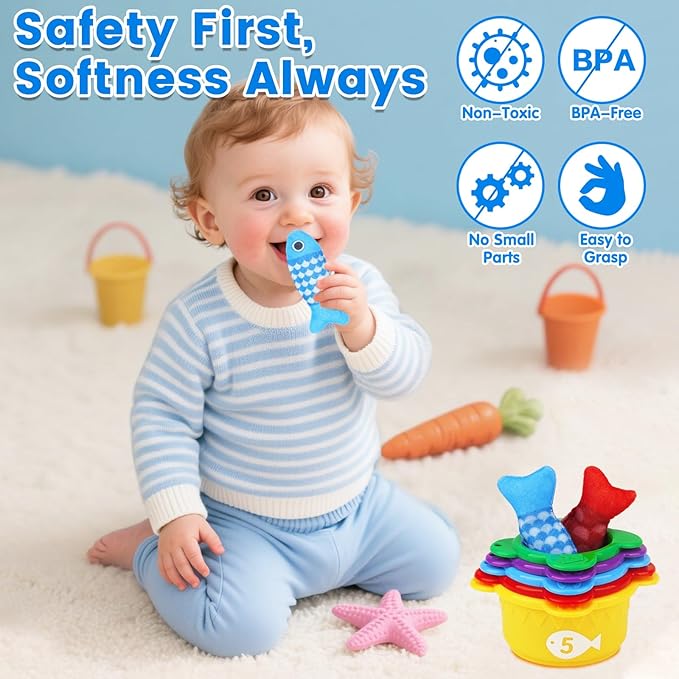 Montessori Toys for 1 Year Old Boy Girl - Toddler Toys Cloth Fishing Game with Stacking Cups - Sorting Learning Baby Toy 12-18 Months One Year Old Boys Girls First Birthday Gifts for 1 2 Year Old