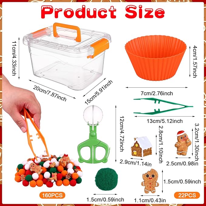 200 PCS Christmas Sensory Bin Filler Winter Sensory Bin Items 160 Pompoms 22 Gingerbread Man 8 Cups 6 Tweezers 3 Scissor Clips 1 Storage Box for Christmas Fine Motor Toys Counting Sorting Training