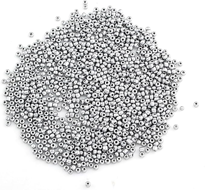 Perlin Glass Seed Beads 4mm 6/0 Round Mini Small Pony Spacer Beads 1100pcs for Jewelry Making Earrings Bracelets Pendants Waist DIY Handmade Metallic Color Kit (Silver)