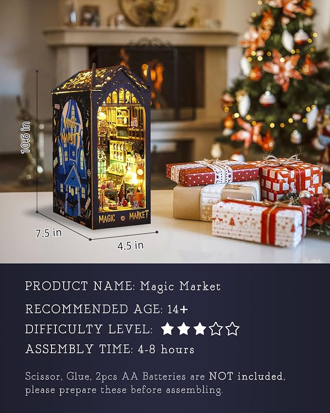 Magic Book Nook Kit, DIY Booknooks Kit for Adults Teens, Bookshelf Diorama Miniature House Kit Scenes Insert Decor with Sensor Light, 3D Wooden Puzzle Gifts for Boys Girls (Magic Market)