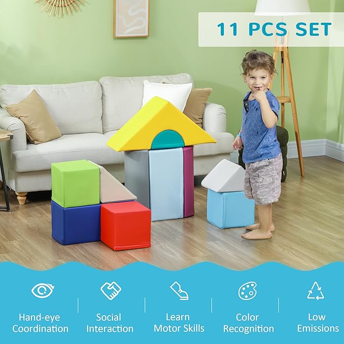 Soozier Foam Climbing Blocks for Toddlers, 11-Piece Baby Soft Foam Play Set, Climb and Crawl Activity Playset Building Blocks for Aged 1-3 Years Old Boys & Girls, Contemporary