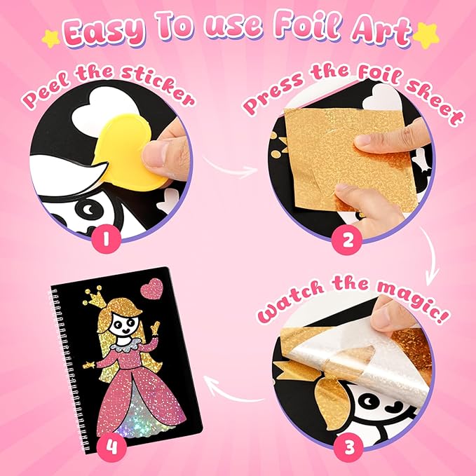 3 otters Foil Art Fun, Princess Arts and Crafts for Kids DIY Creative Travel Toy Birthday Gifts for Girls 4 5 6 7 8