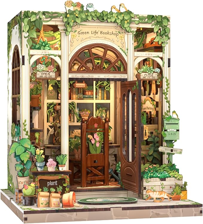 Cutefun Book Nook Kit - DIY Miniature Dollhouse Booknook Kit for Adults and Teens, Tiny House Bookshelf Insert Decor with LED Light, Gifts for Family and Friends (Green Life Bookshop)
