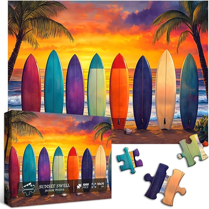 Beach Sunset 1000 Piece Puzzle for Adults, PICKFORU Summer Seaside Surfboard Jigsaw Puzzles, Colorful Hard Beach Vacation Theme as Art Decor