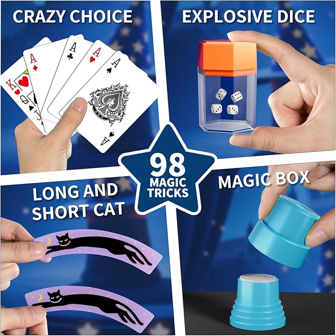 Magic Kit for Kids 6-8-10-12, 98 Magic Tricks Set for Kids with Magician Costume and Magic Wand, Halloween Christmas Birthday Gifts Toys Magic Set for Ages 4 5 6 7 8 9 10 11 12 Years Old Boys Girls