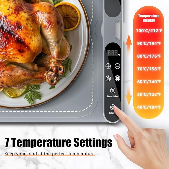 Warming Mat for Food, Food Warmers for Parties Buffet, Foldable Food Warming Mats for Countertops and Daily Use with Timer and 7 Temperature Levels, with one-touch heating button, 15"x23.6"