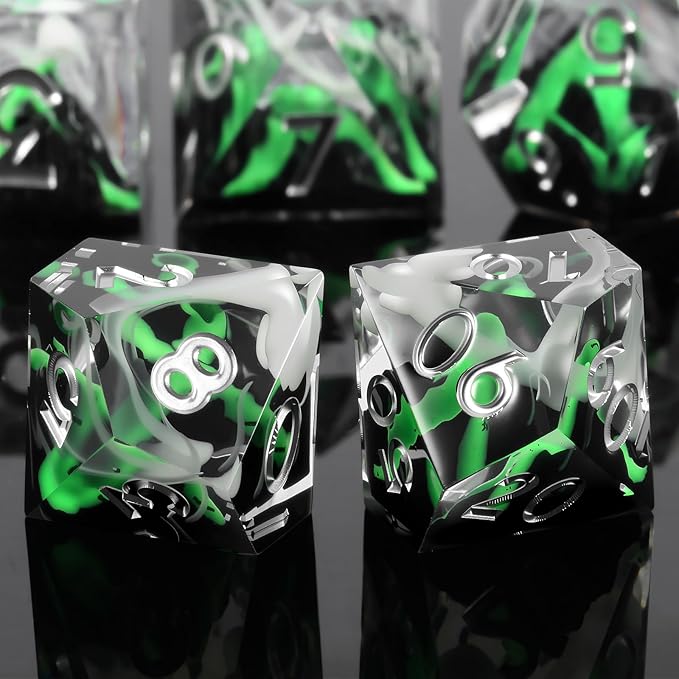 DNDND Emerald Volcanic Sharp Edge Dice Set - 7PCs Green Lava Flow Polyhedral Dice for D&D, RPG Metal Case Gift with Clear Numbers