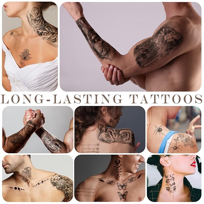 77 Sheets Temporary Tattoo, Half Arm Realistic Lion Wolf Owl Elk Snake Butterfly Rose Fake Tattoos for Girls Boys, Waterproof Temporary Tattoos for Women Men Adults Chest Shoulder Neck Hand