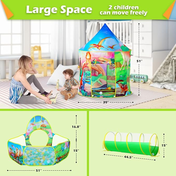 3PC Dinosaur Tent for Girls with Kids Ball Pit, Kids Play Tents and Crawl Tunnel for Toddlers, Pink Pop Up Playhouse Toys for Baby Indoor& Outdoor Tent Games, Birthday Kid’s Gifts