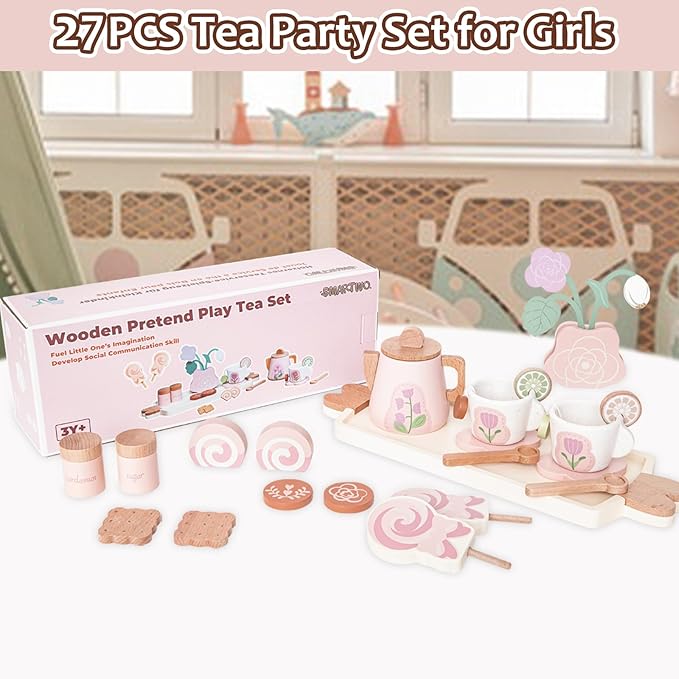 Wooden Tea Set for Little Girls, Pretend Play Tea Party Set Toy with 27 PCS Play Kitchen Accessories, Princess Tea Set Toy, Birthday Gift for Kids 3-5 Years Old, Improve Imagination