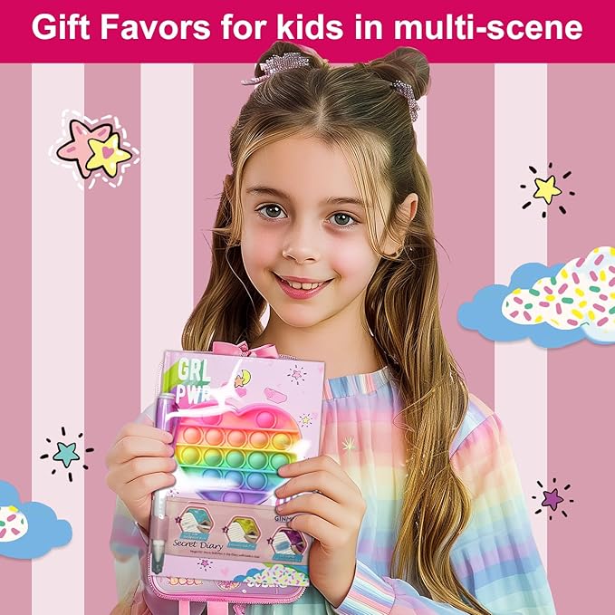 Pop Girls Diary with Lock and Invisible Ink Double-end Pen, 7.5x5.4” 160 Lined Page Fidget Colorful Heart Girls Journal for Kids Secret Notebook Pen Set Birthday Gifts for Girls 5 6 7 8 9 10 Years Old