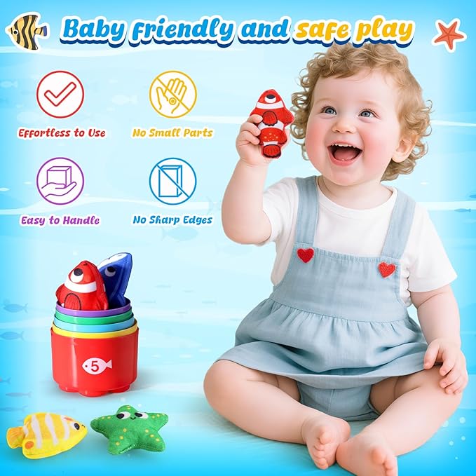 LovesTown Montessori Toys for Toddlers, Preschool Learning Toys Cloth Fishing Games with Stacking Cups Color Sorting Games for Kids Gifts for Boys Girls