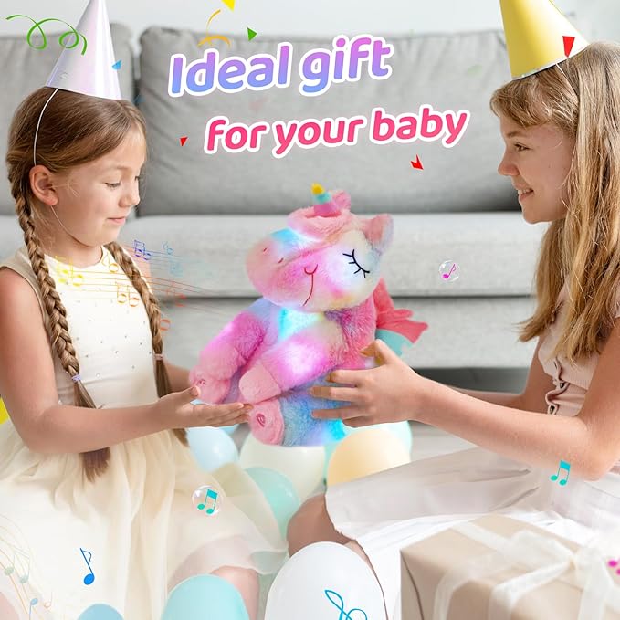 Athoinsu Rainbow Musical Light up Unicorn Stuffed Animal Soft Furry Plush Toy with LED Night Lights Children's Day Birthday Valentine's Day Gifts for Kids Toddler Girls,12''