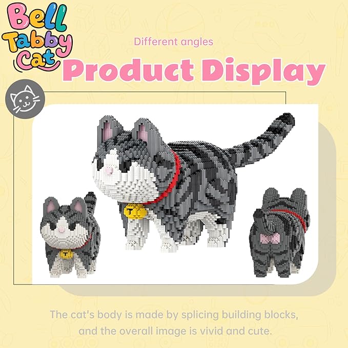 Animal Gray Striped Bell Cat Micro Mini Building Blocks Sets Large Cute Cat Building Kits Model Toys Gift for Adults Kids Teens 6500 PCS