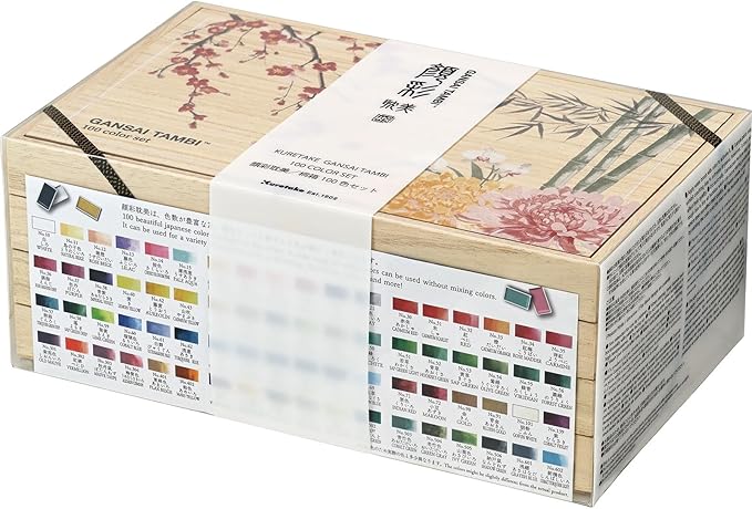 Kuretake GANSAI TAMBI Watercolor Paint Set 100 Colors with Wooden Box, Professional-quality art supplies for artists adult painting Non-Toxic, Made in Japan, MC20/100WD4