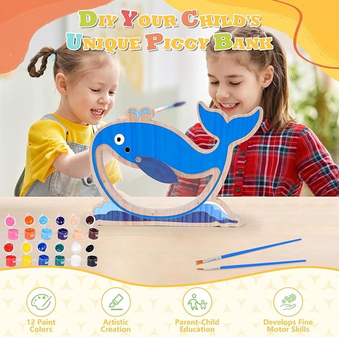 Wooden Piggy Bank for Kids, DIY Night Light Personalized Money Bank for Boys, Girls, Unbreakable Saving Box with Paintbrush and 12 Paints, Coin Jar Gifts for Kids Birthday&Decor(Whale)