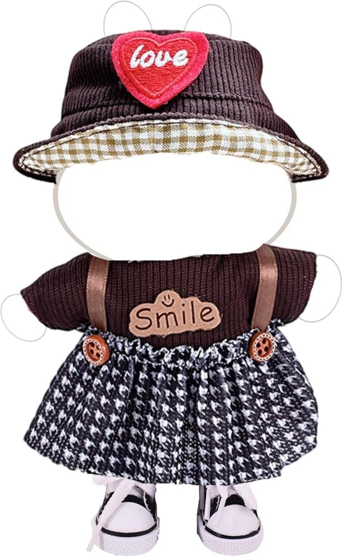 Clothes for 17cm Doll (Clothes Only) – 4-Piece Set with Brown Hat, T-Shirt, Dress, and Canvas Shoes for a Cute and Stylish Look – Fashion Handmade Accessories for 17cm Doll