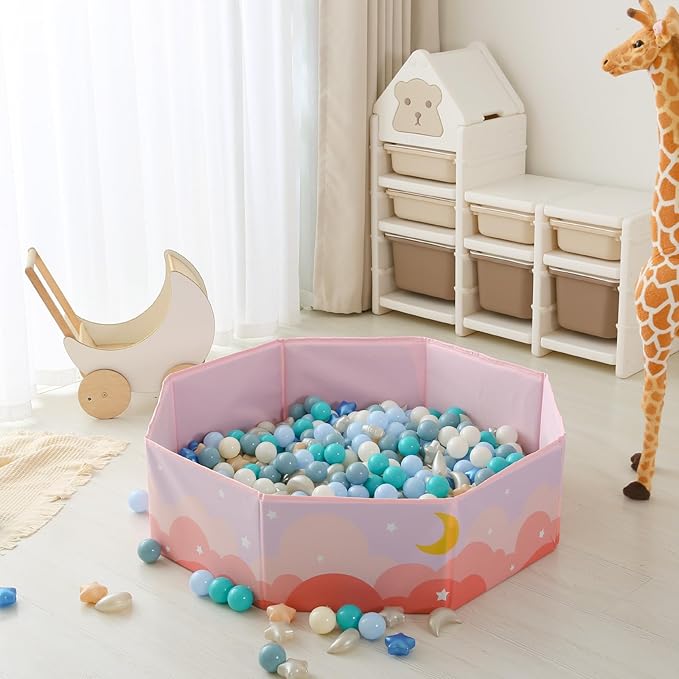 GOGOSO Ball Pit Balls Stars Moon Shapes Plastic Pitballs for Toddler Play Tent Baby Photo Props Kids Pool Water Toys Kiddie Pool Party Decor, Pearl Gray+Blue+Green,100PCS