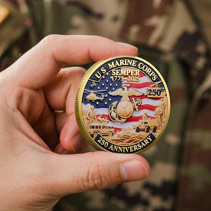 250th Anniversary Marine Corps & U.S. Army Challenge Coins – Double-Sided 1.57” Military Collectible Coins with Engraved Emblems – Patriotic Veteran Gift for USMC 250th Anniversary