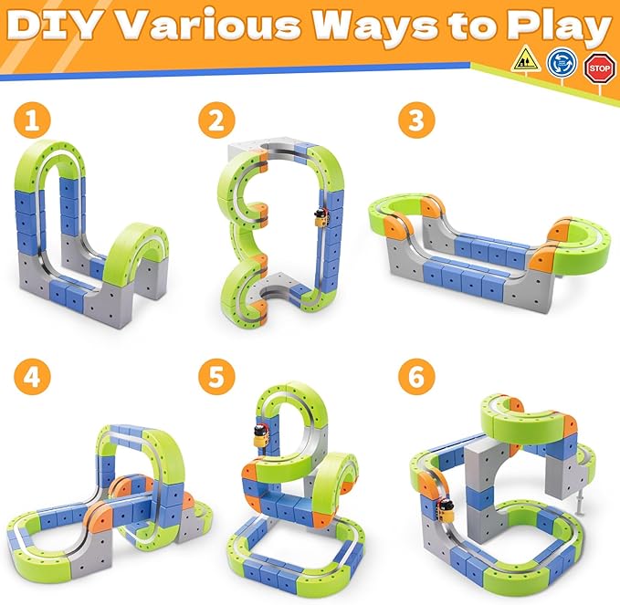 Magnetic Track Car Toys, 69PCS Flexible Race Car Track Sets for Toddlers with Electric Train, Traffic Signs, Kids Train Set Toys for 3 4 5 6 7 8 Year Old Boys Girls Birthday Party Gift-Medium