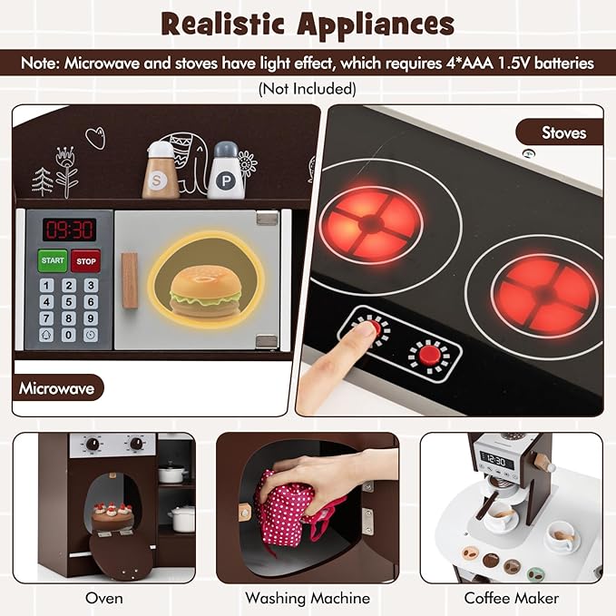 Costzon Corner Play Kitchen, Wooden Kids Kitchen Playset with Lights & Sound, Coffee Maker, Washing Machine, Oven, Microwave, Toddler Toy Kitchen for Pretend Play, Gift for Boys Girls 3+ (Brown)