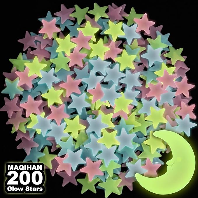 MAQIHAN 200 Glow in The Dark Stars for Ceiling - Glowing Stars and Moon Stickers Estrellas que brillan en la oscuridad para el techo de cuarto Plastic Space Galaxy Decals Bedroom Wall Decorations