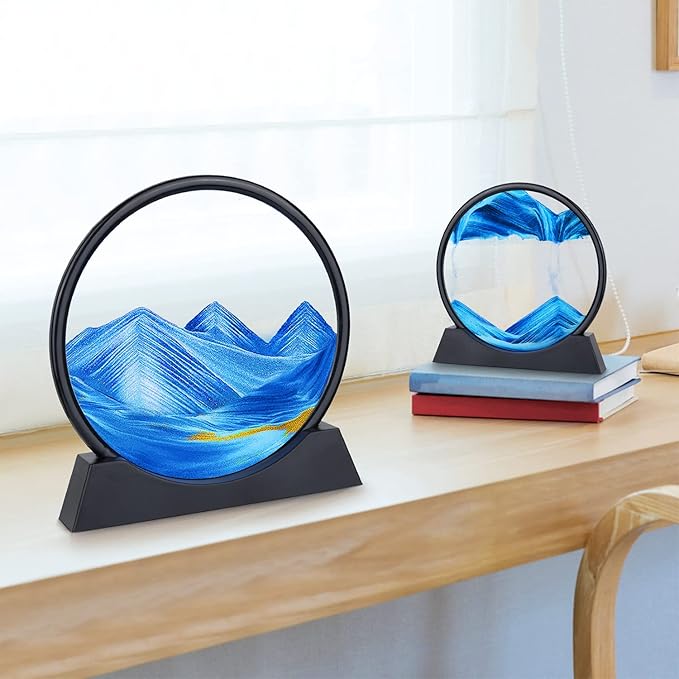 Moving Sand Art Picture - 3D Quicksand Painting Decor - Round Glass 3D Deep Sea Sandscape - Relaxing Home Decoration Desk Toys for Home Office Desk Mantle Bookshelf- (Blue, 12 in)
