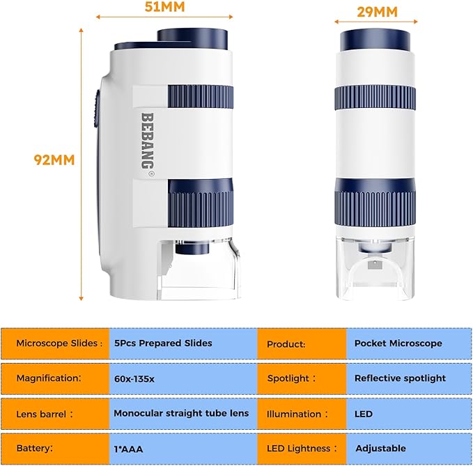 Handheld Portable Pocket Microscope for Kids - BEBANG Mini Lab Kids Microscope with 5 Prepared Slides LED Portable Microbiological Observation Miniscope Tool for Science Exploration