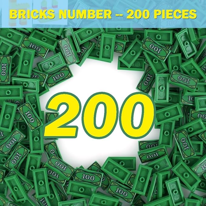 MALEKO Money Tiles Bank Bill Accessories, 200 Pieces 100-Dollar Green 1x2 Tiles, Bulk Building Toy Parts, Compatible with All Major Brands