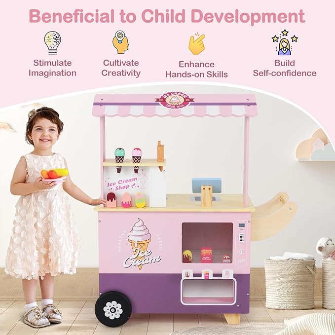 Costzon Ice Cream Cart, Wooden Grocery Store w/Vending Machine, Play Food, Display Rack & Shelves, Swivel Wheels, Push Handle, Ice Cream Truck, Market Stand Pretend Playset for Kids Ages 3+ (Pink)