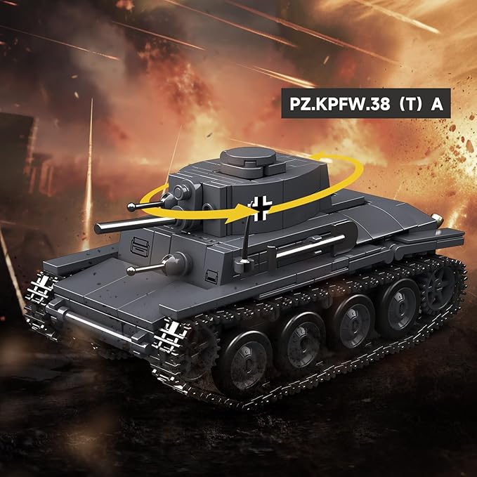 4 IN 1 WW2 Army Tanks Toy Building Block Set(1089 Pcs),Compatible with Lego,Create German 38T-A Light Tank&3 German Style Small Military Vehicles Models Great Military Toy Gift for Boy Age 6+ Year Old