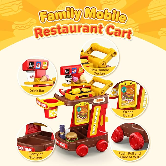 Kids Kitchen Playset - Pretend Play Restaurant Food Set for Toddlers with Cart, Grill and Apron Play Kitchen Toys Accessories with Lights and Sounds Christmas Birthday Gift for Kids Girls Boys Ages 3+