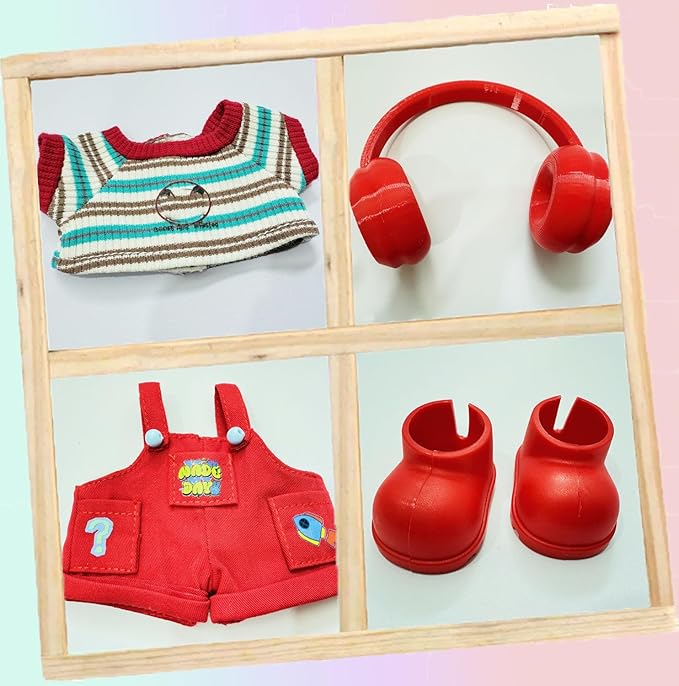 17cm Doll Clothes(No Doll), Cute Dolls Outfit Accessories with Red Overalls + T Shirt + Shoes, Fashion Adorable Clothing Set for Doll