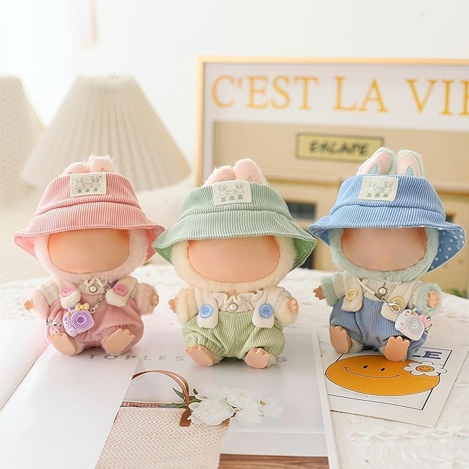 Clothes for Dolls Accessories (No Doll), Cute Outfit Set 3 Pieces Bib Pants Suitable for 15 & 17cm Doll Suit, Stylish Dress Up Overalls Doll Clothing Set Replacement with Hat Clothes Blue