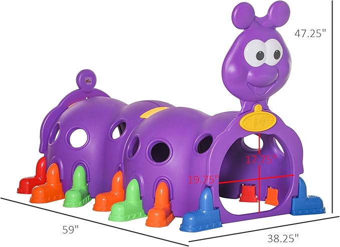 Qaba Caterpillar Tunnel, Toddler Tunnel for Kids Crawl and Climb Through, Kids' Play Structure Indoor Outdoor, 2 Sections, Purple