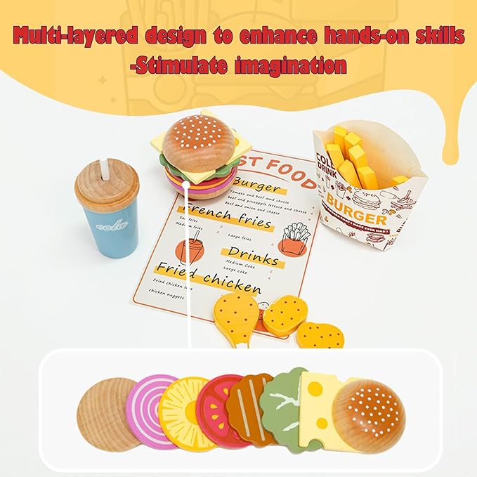 Wooden Play Fast Food Set Play Kitchen Accessories, Pretend Play Food Hamburger French Fries Toy, Restaurant Play Set Role Play Toys for Toddlers,Educational Birthday Gifts for Boys Girls