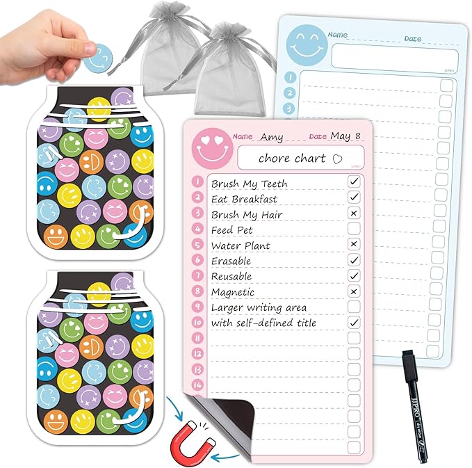 JJPRO Magnetic to Do List for Kids with Smiley Faces Reward Jar- 10" x5.5“ Home Chore Chart for Fridge,Daily Checklist for Toddlers,Magnetic Reward Jar Positive Behavior Training -Blue&Pink