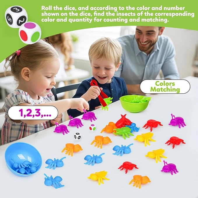 Counting Insects Matching Toys with Sorting Bowls and Games Dice Montessori Preschool Educational Activities Learning Color Sorting Fine Motor Skills Sensory Toys Birthday Gifts for 3 4 5 Year Old