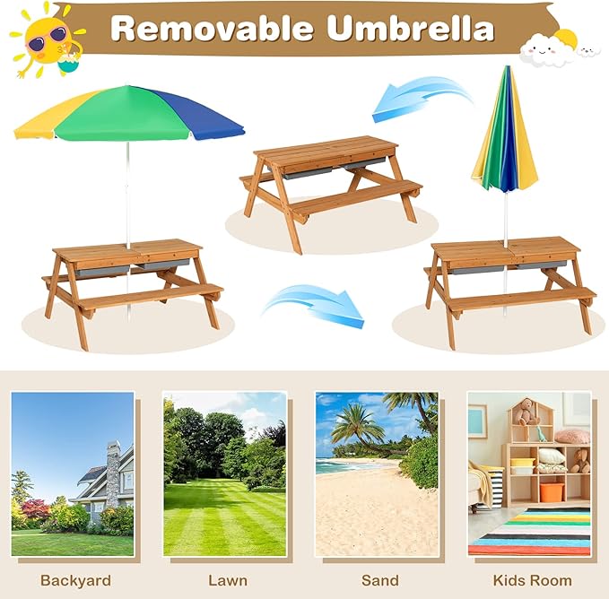 Costzon Kids Picnic Table with Sensory Bins, 4 in 1 Sand and Water Table with Height Adjustable Umbrella, Removable Tabletop, Wooden Kids Outdoor Table for Backyard Patio Play