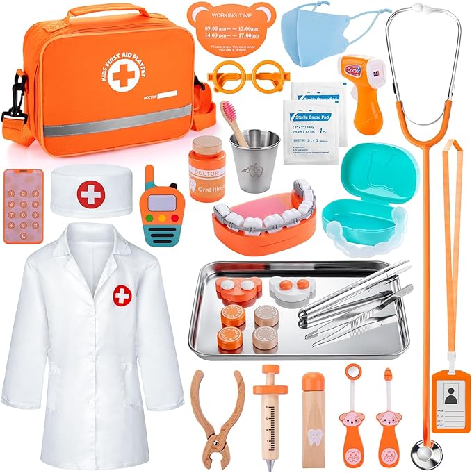 Doctor Kit for Kids, 33 Pcs Wooden Dentist Play Set for Toddler 3-5 with Real Stethoscope & Dental Tools, Pretend Playset Medical Toys Storage Bag Educational Role Play Doctor Toys Gift for Boys Girls