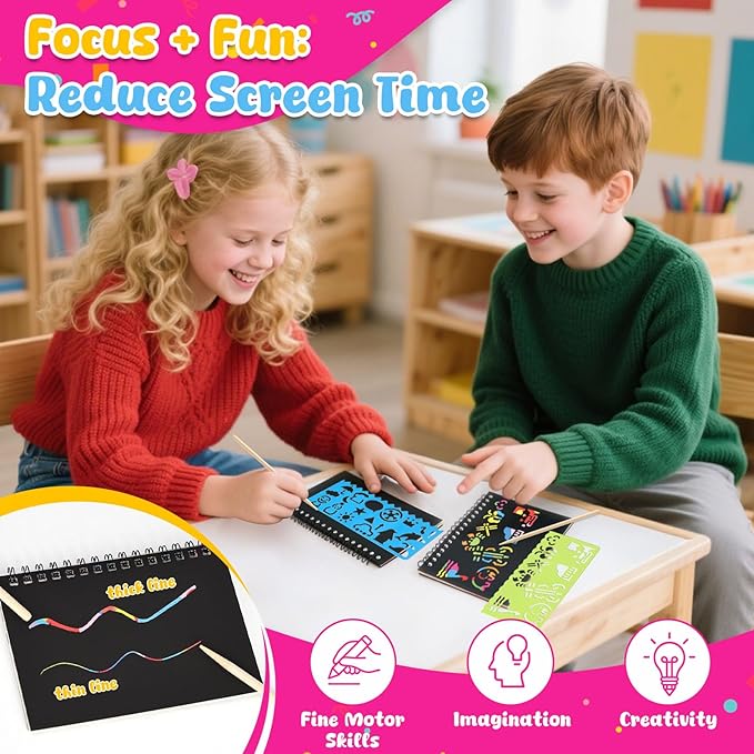 LovesTown Scratch Art Party Favors for Kids, 16 Pack Rainbow Magic Drawing Notebooks Bulk for Birthday Classroom Prizes, Kids Craft School Supplies