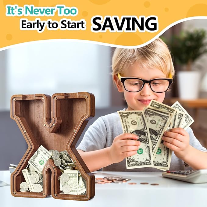 Summidate Customized Name Extra Large Wooden Piggy Bank for Kids Boys Girls Alphabets Letter A-Z Coins Bills Money Change Saving Box Clear Cover (Laser Engraved) Educational Toys 12"- Letter X