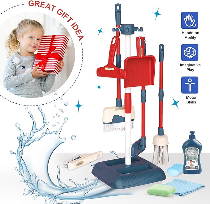 Jenilily Toddler Toys Cleaning Set, Kids Cleaning Toy Stand Set, Pretend Play Home Cleaning Tools Toys Playset，Broom, Dustpan, Mop, Duster