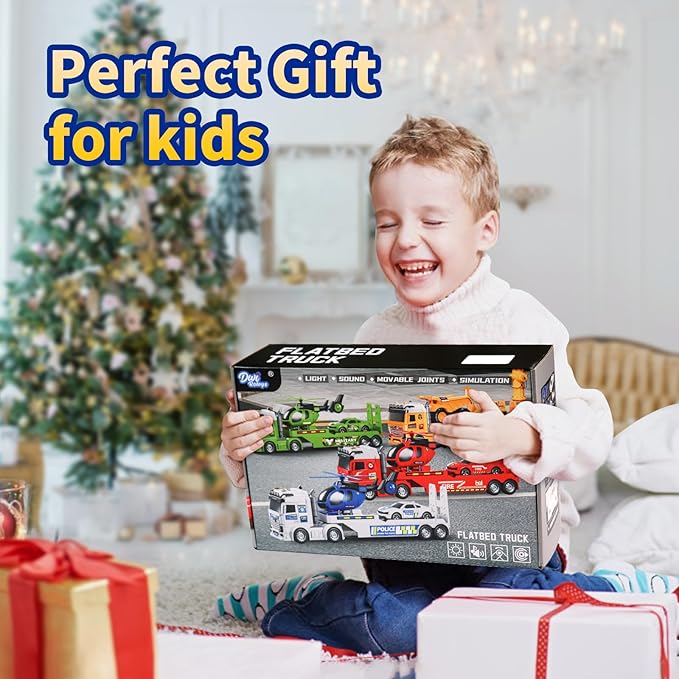 Kids Toys for Ages 3 4 5 6 7 8 Years Old Boys, 25" Large Police Semi Truck with Helicopter & Race Car, Friction Powered Vehicle with Lights & Sounds,Birthday Gift for Boys Girls
