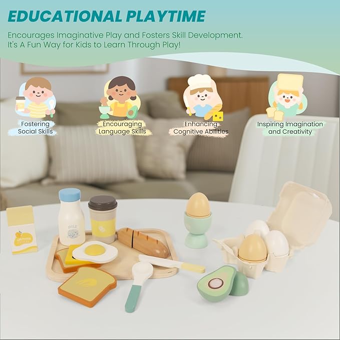 Wooden Play Food Sets for Kids Kitchen, Food Toys for Toddlers 3+ Year Old, Pretend Food Play Kitchen Accessories, Cutting Food Gift for Boys Girls